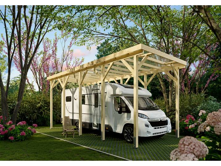 Einzelcarport KONIFERA Neptun III , beige (unbehandelt), B/H/T: 352cm x, Carports, Einzelcarport, für Wohnmobile, Leimholz naturbelassen, PET-Flachdach lichtdurchlässig