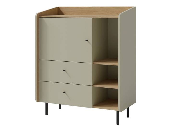 Lomadox Kommode ALAMO-133, grün mit Eiche Nb., 2 Schubladen, 1 Tür, 3 offene Fächer