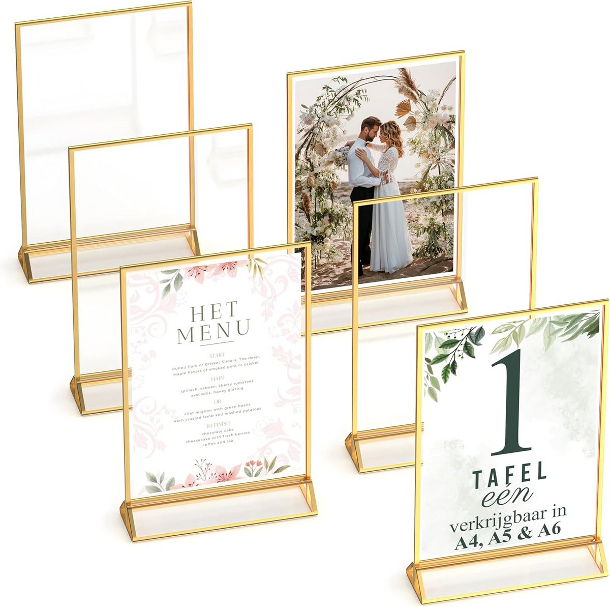 Set van 6 dubbelzijdige fotolijsten als tafelnummers en menuhouders voor evenementen, A6, Goud