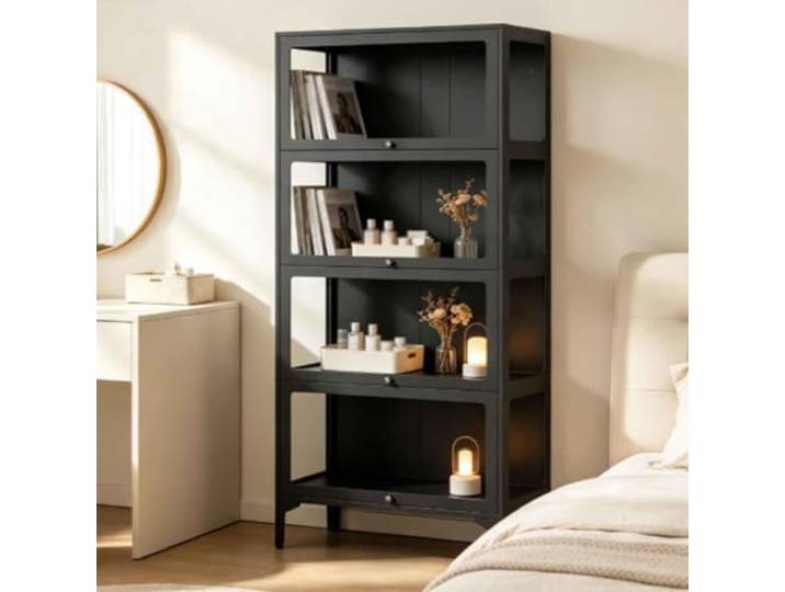 Gavoir Vitrine Schwarz Metall Glas 4-Lagen 32x78x165cm Vitrinenschrank Wohnzimmer Küche Küchenschrank Glasvitrine Stehend Sammlervitrine Stehend