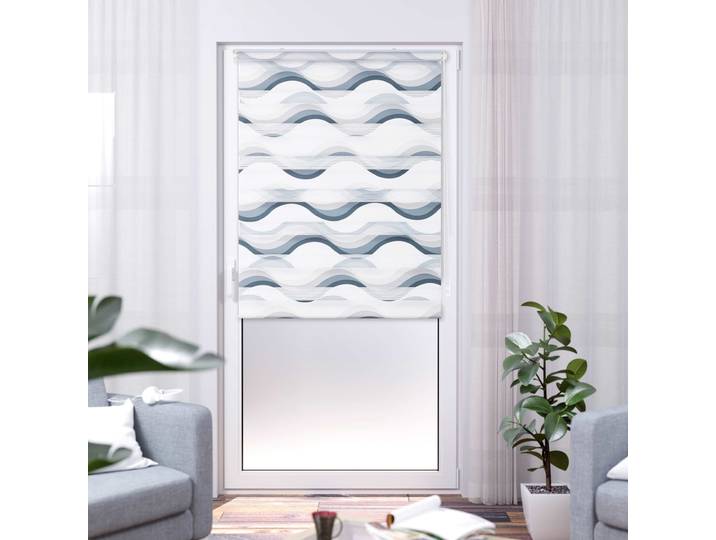 Doppelrollo K-HOME Wellen Design , grau, weiß, weiß, B:80cm H:200cm, Polyester, Rollos, Doppelrollo, Bedruckt mit Muster