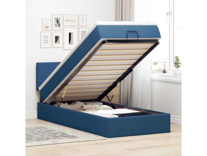 RJPLMFV Bett, Ottoman, Blau, 90 x 200 cm, mit Matratze, Polyestergewebe Hydraulische Aufbewahrung, Taschenfedern, abnehmbarer Topper, Lattenrost-Design