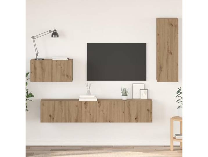 HEFZGDB Wand TV Schrank 4 Stück Handgefertigtes Eichenholz Regal Modulares Design Rustikales Finish Stauraum Wohnzimmer Aufbewahrung Wandmontage