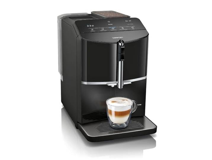 Siemens Kaffeevollautomat EQ300, Keramikmahlwerk, TF301E19, schwarz Latte Macchiato, Cappuccino oder Espresso auf Tastendruck, entnehmbare Brüheinheit, einfache und schnelle Reinigung