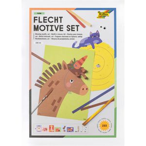 Folia Bastelset 70274 Flechtmotive Set, Farm, A4, 16 Flechtbögen, 200 Flechtstreifen, Webnadel & 18 Wackelaugen