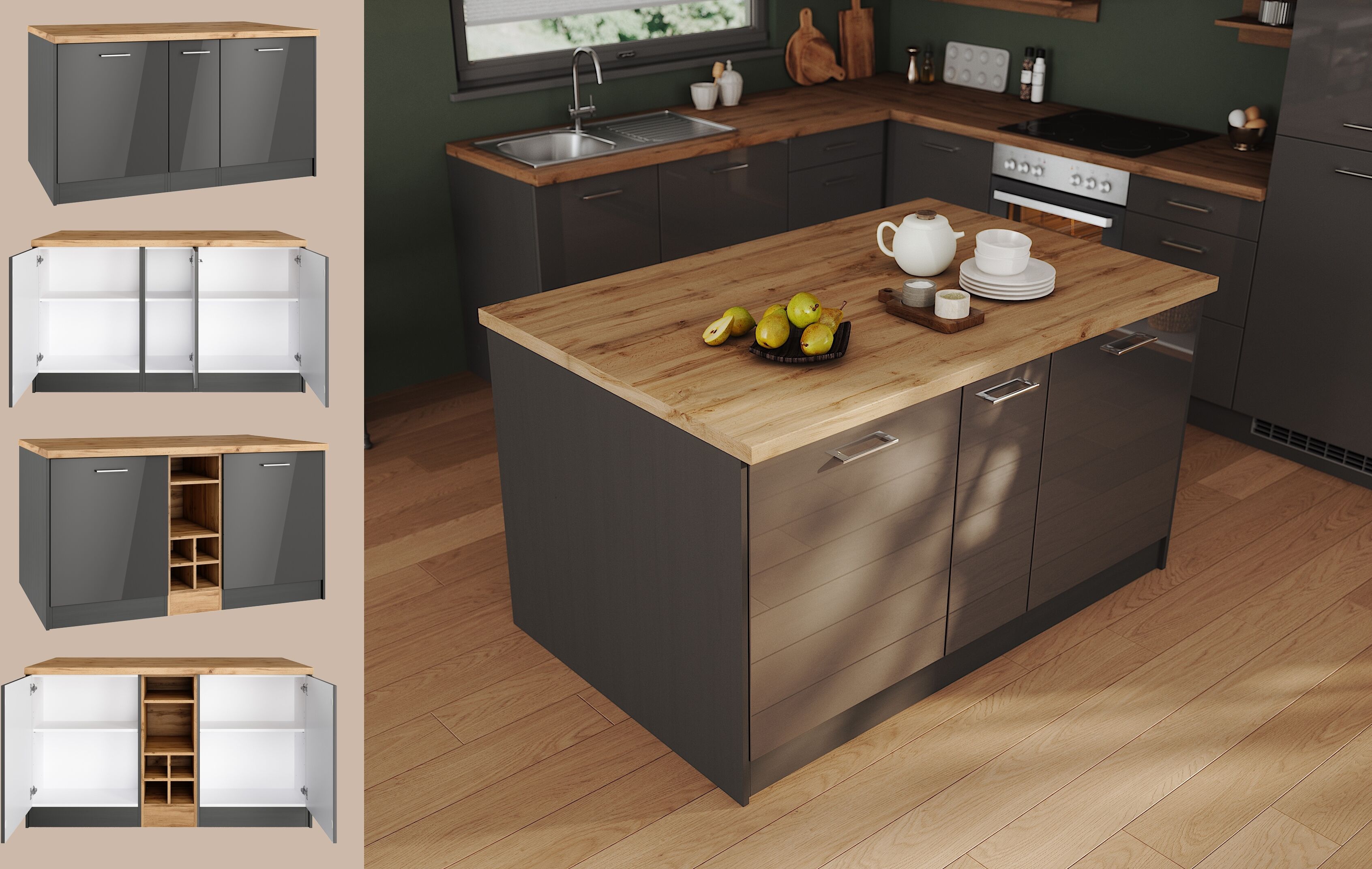 Kücheninsel KOCHSTATION "KS-Milan", grau (küche: grau, front: grau hochglanz, korpus: grafitgrau, arbeitsplatte: wotaneiche), B:153cm H:86cm T:100cm, Komplettküchen-Sets, Kücheninsel, Stellmaß 153/100 cm, viel Stauraum, Lebensmittelpunkt: Küche