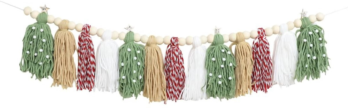 Dailygoods Kerstpompoenkrans Bohemian wanddecoratie met houten kralen en 13 drapeerkwastjes