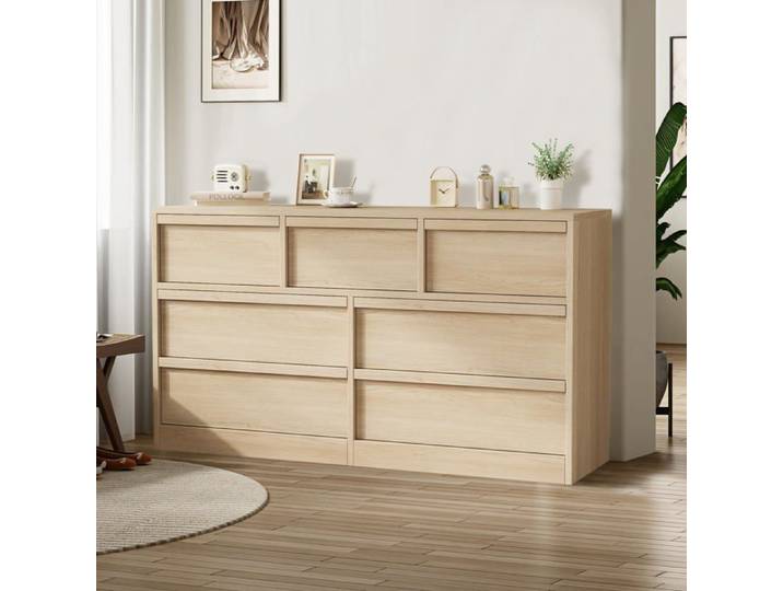 Commode en bois moderne - LUNSY - 7 tiroirs - 137x40x77 7 cm - Biege - Dispositif anti-basculement - Polyvalent