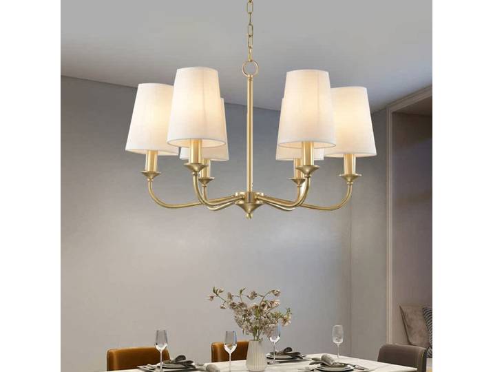 Lustre suspendu doré de style rural américain pour salon, chambre et restaurant, avec abat-jour en tissu ﻿ Lampe de plafond