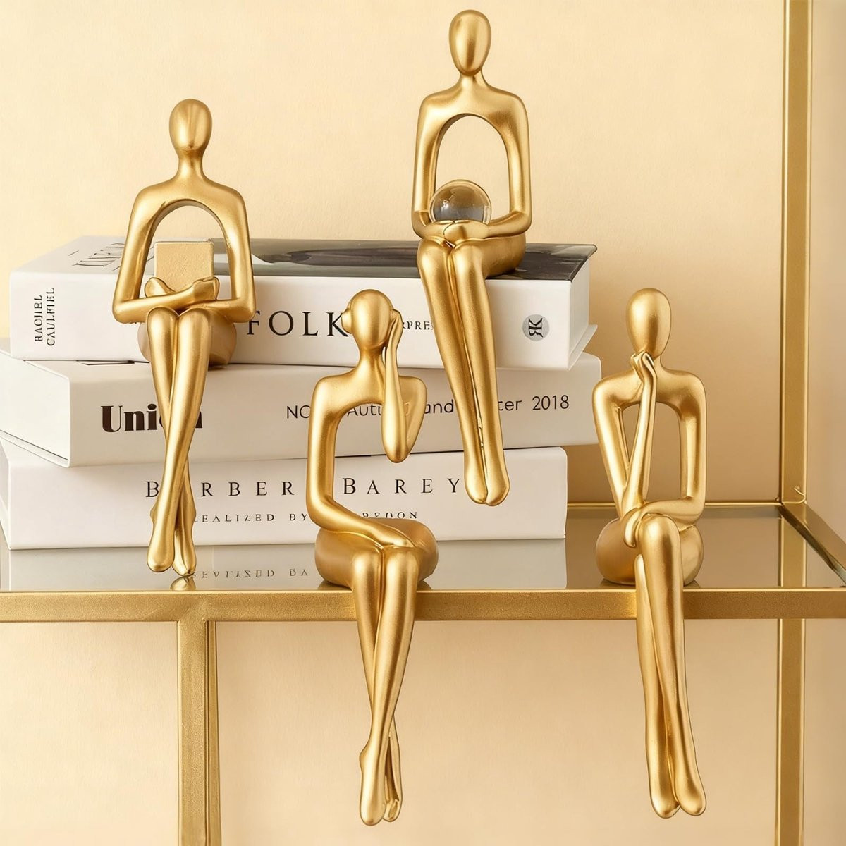 Dailygoods Sculpturen Set van 4 - Abstracte Gouden Beelden van Hars voor Interieurdecoratie