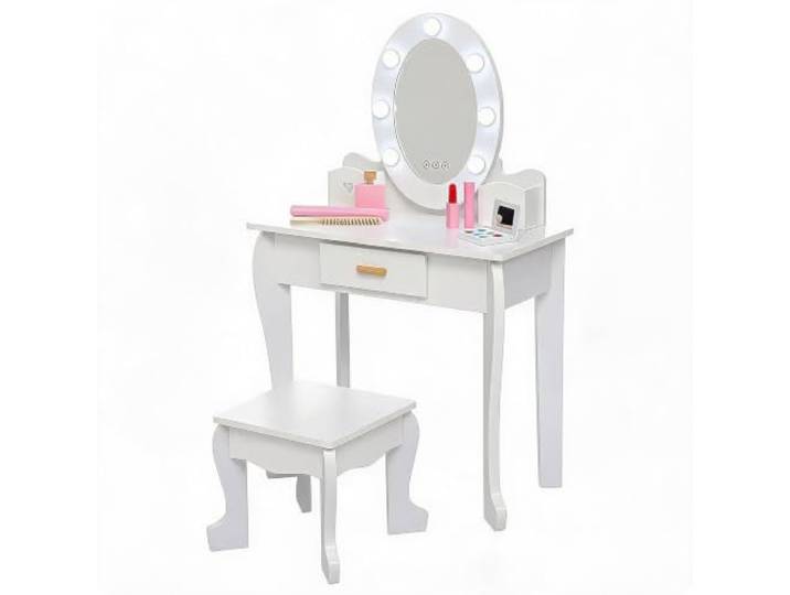 GarveeMore Kinder-Schminktisch Set aus Holz – LED-Spiegel mit Touch-Licht, Schublade & Hocker – für Mädchen 4–9 Jahre – Weiß mit Licht