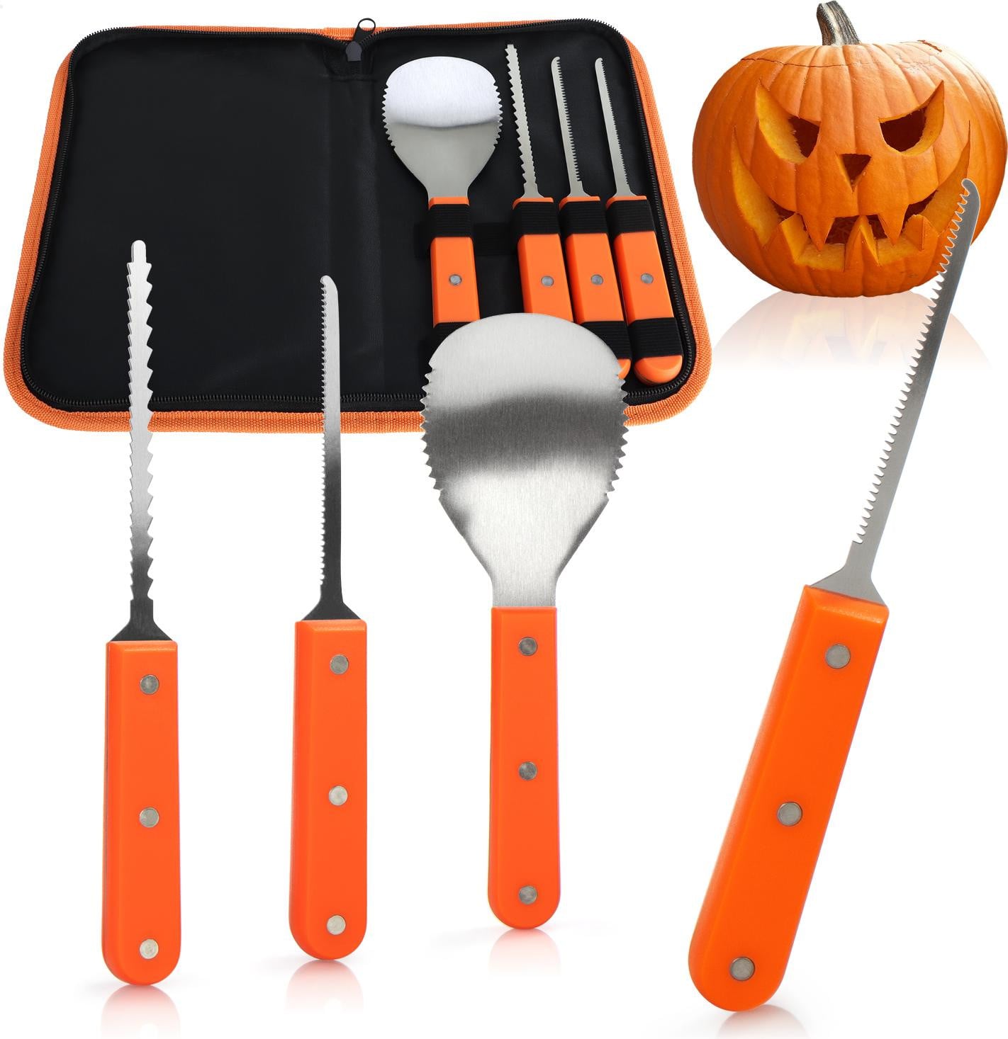 COM-Four 4-delige pompoensnijset voor Halloween met opbergtas en roestvrijstalen snijgereedschap