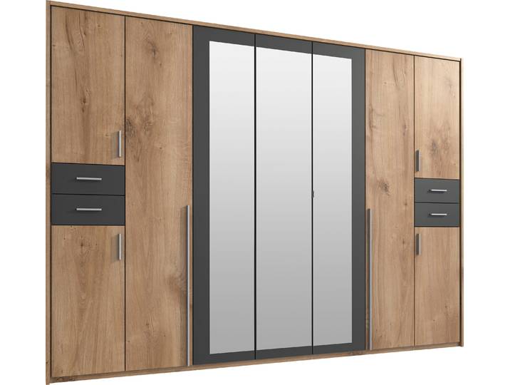 Drehtürenschrank WIMEX Vegas , grau (plankeneichefb, graphit, griffe alu), B:316cm H:210cm T:58cm, Holzwerkstoff, Schränke, Drehtürenschrank, inklusive Passepartout-Rahmen, mit Spiegeltüren und Schubladen