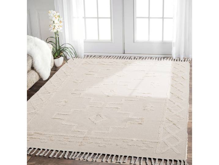 Tapis à franges fait main, beige et blanc, en coton doux, tapis de chambre à coucher, tapis nordique, tapis antidérapant pour la maison, tapis marocain