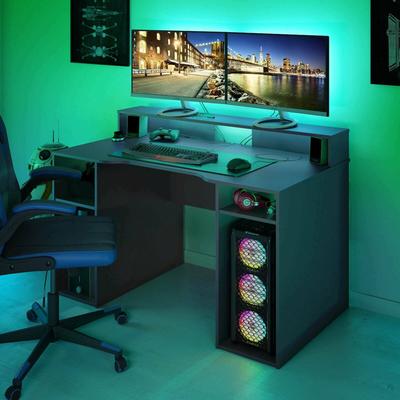 Dmora Schreibtisch Phoenix, Moderner Schreibtisch von Gaming, Studiertisch für PC und CD-Halter, Studiertisch mit Regalen, 136x67h88 cm, Anthrazit