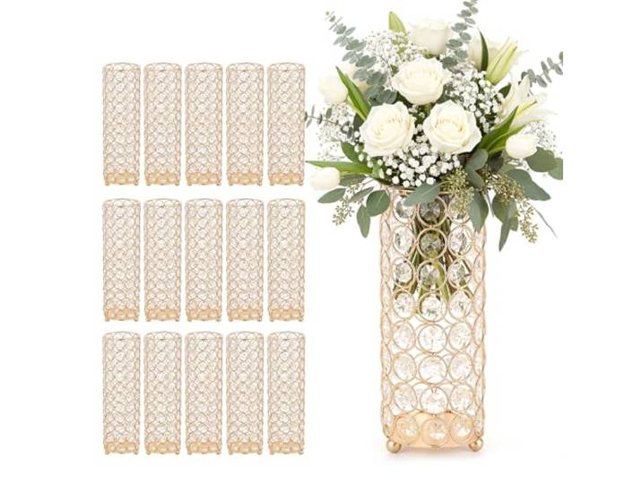 VEVOR Vase de Mariage Métal Lot de 16 Vase de Centre de Table Hauteur 26 cm Support Cylindrique pour Compositions Florales\, Banquets de Fêtes Mariage\, Décoration Intérieure\, avec Perles Cristal\, Doré