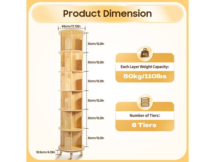 6 niveaux 360 ° Bibliothèque rotative en bois de pin, organisateur de rangement pour livres d'enfants, jouets, décoration de maison