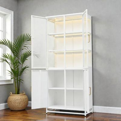 Fundinbaths 76.75 Inch Glass Display Cabinet with LED Lights, 3 Sided Tempered Glass Steel Curio Cabinet with Double Doors