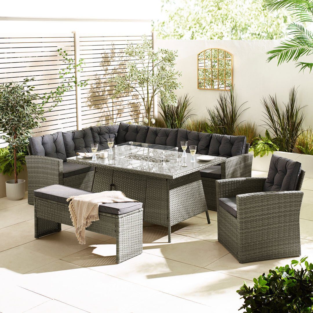 Brambly Cottage Guyapi Rattan Garden Dining Table With Smokeless Fire Pit Table With 9 Seat Dining Sofa Set Grey