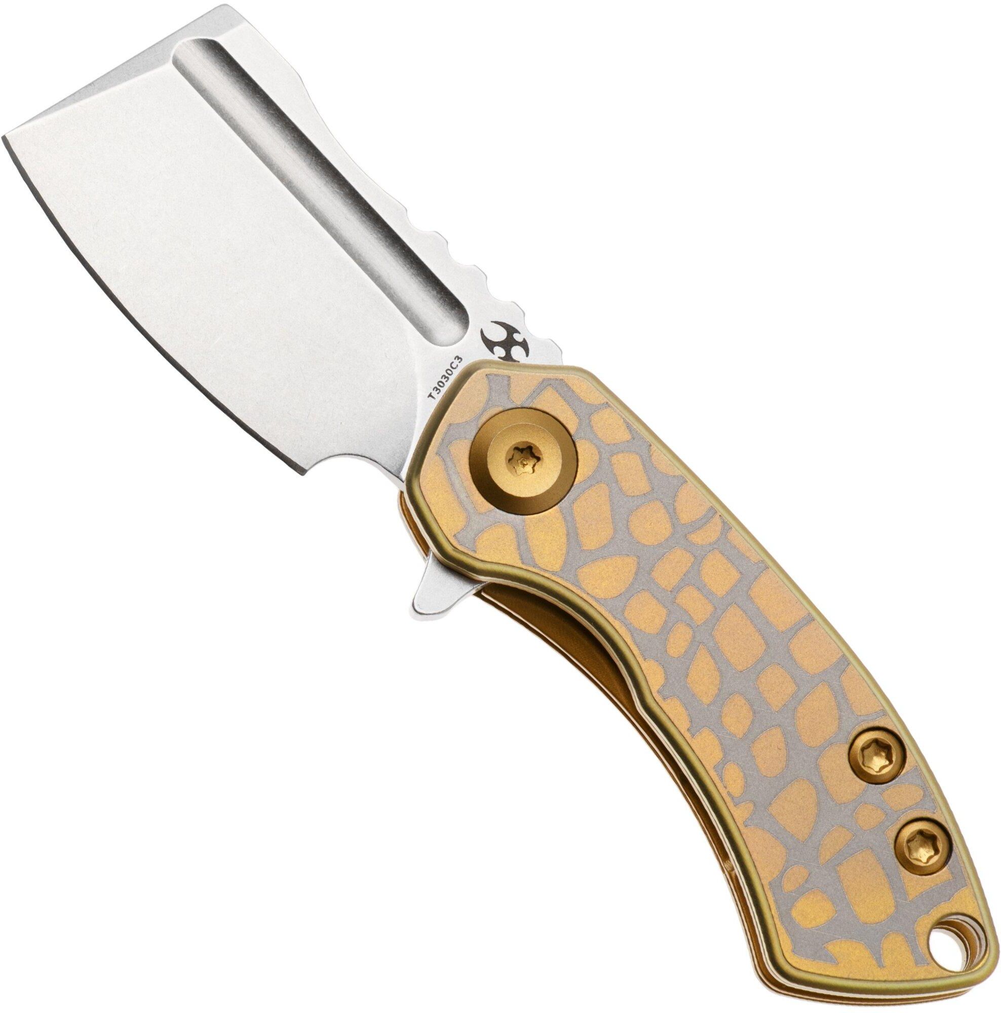 Kansept Mini Korvid T3030C3 Stonewashed 154CM, Golden Cracked Eggshell Titanium, coltellino tascabile, design di Justin Koch
