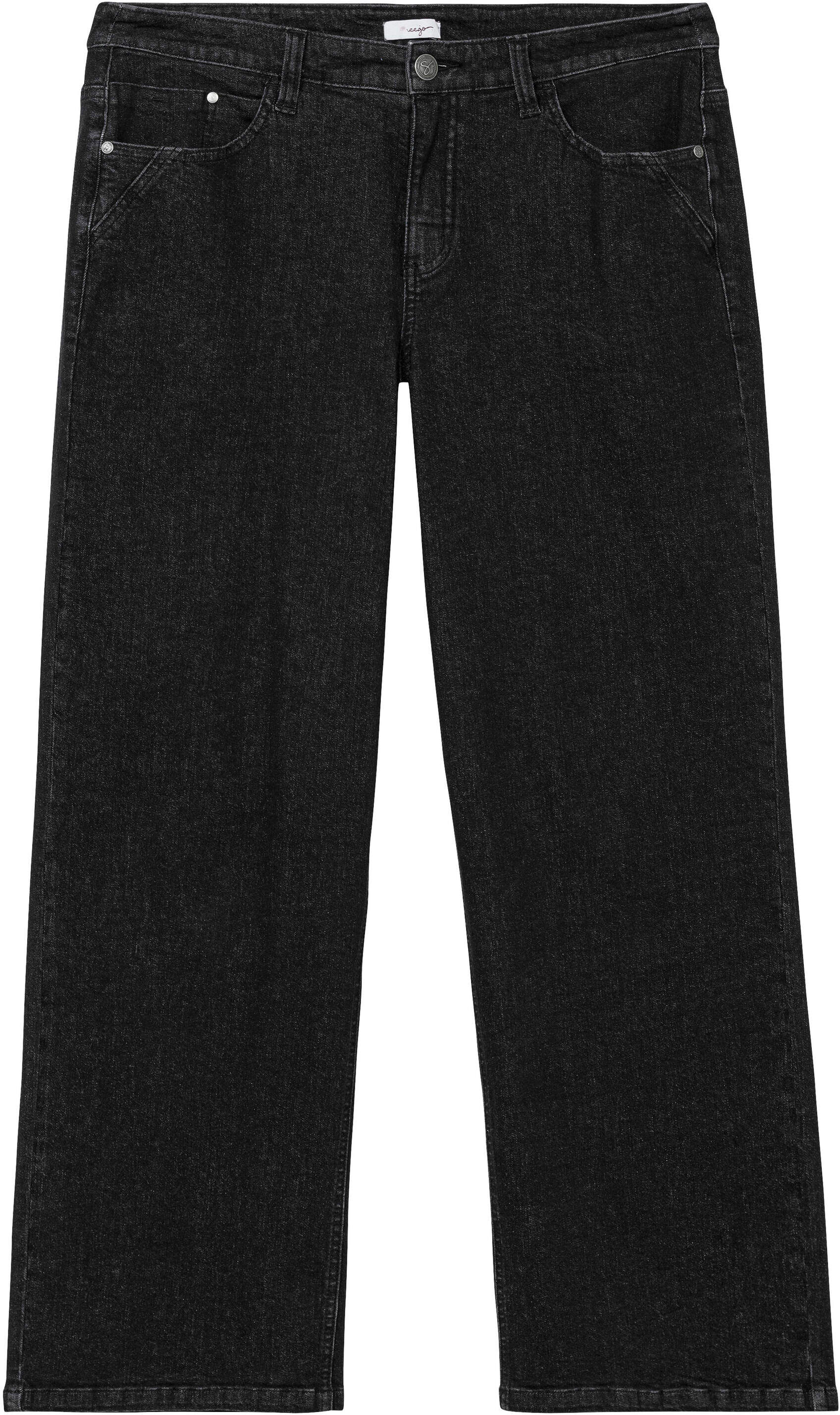 5-Pocket-Jeans SHEEGO "Weite Jeans Jeans in durchgehend weiter Beinform", Damen, Gr. 44, schwarz (schwarz denim), Sportlich, Jeans 5-Pocket-Jeans, ELLA für kräftige Oberschenkel und Waden
