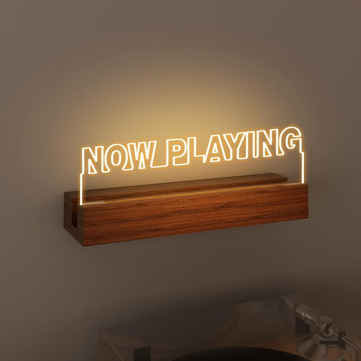 Vinyl Stand met Warm Wit LED-licht - Houten en Acryl Record Holder voor Album Display en Kamerdecoratie