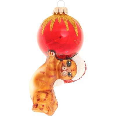 Christbaumschmuck KREBS GLAS LAUSCHA "Katze Charly", rot (braun), B:5cm H:12cm T:5cm Ø:12cm, Glas, Weihnachtsbaumschmuck, Glas, 1 Stück