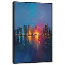LEINWAND Bilder mit Rahmen - Skyline - Pinselstriche - Dunkelblau - Leuchtend - 80x120