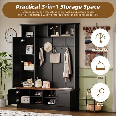"Farmhouse 3-in-1 Hall Tree with Bench and Storage, 55""W Entryway Coat Rack with Adjustable Shelves"