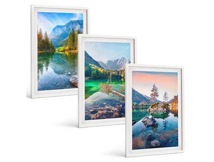 BILDER SET 3er Set - 40x60 cm Weißer Rahmen - Naturlandschaft der Bergseen