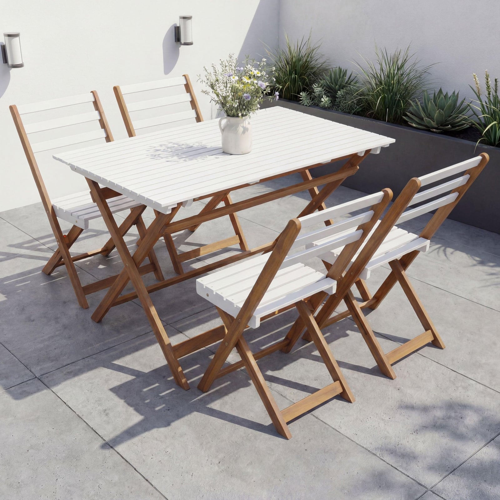 Mendler Garnitur HWC-P72 Tuinmeubelset met 4 Stoelen en Tafel, Acaciahout, Inklapbaar, Naturel-wit
