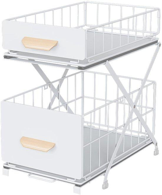 Unyqoos Uittrekbaar keukenrek met 2 lagen, koolstofstaal, in hoogte verstelbaar, opvouwbaar met antislip-pads