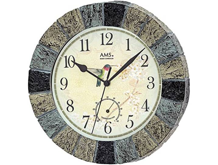 AMS 5979 Wanduhr Rund mit Funkwerk und Temperaturanzeige, 26 cm Durchmesser, Wetterresistent für Innen- und Außenbereich, Kunststoff in Stein-Optik