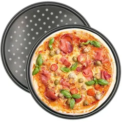 Intirilife 2x Pizzablech rund aus Karbonstahl in Schwarz - 32 x 1.5 cm - Rundes Backblech für Pizza Flammkuchen, Knusperblech gelocht antihaft