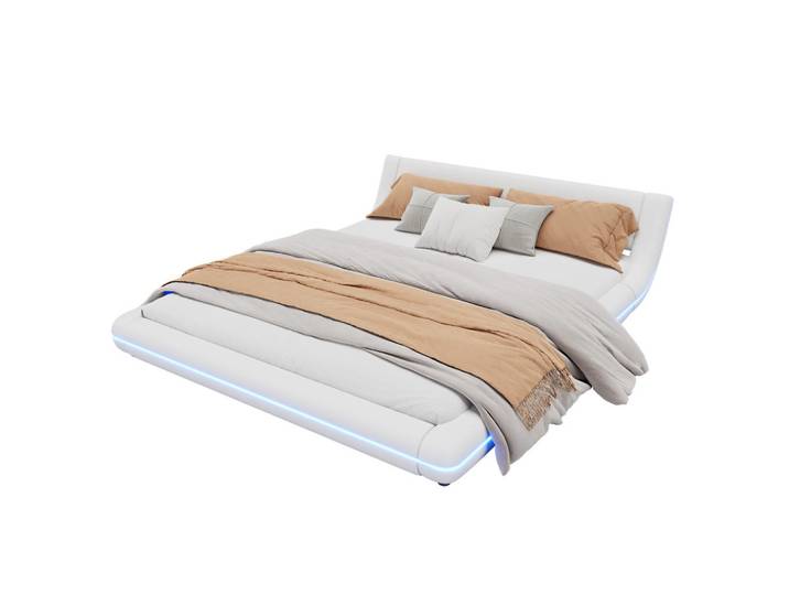 Flieks Flachbett 160x200cm Weiß PU LED-Umgebungslicht Bodenbett, Holz, 160x200 cm, Schlafzimmer, Betten
