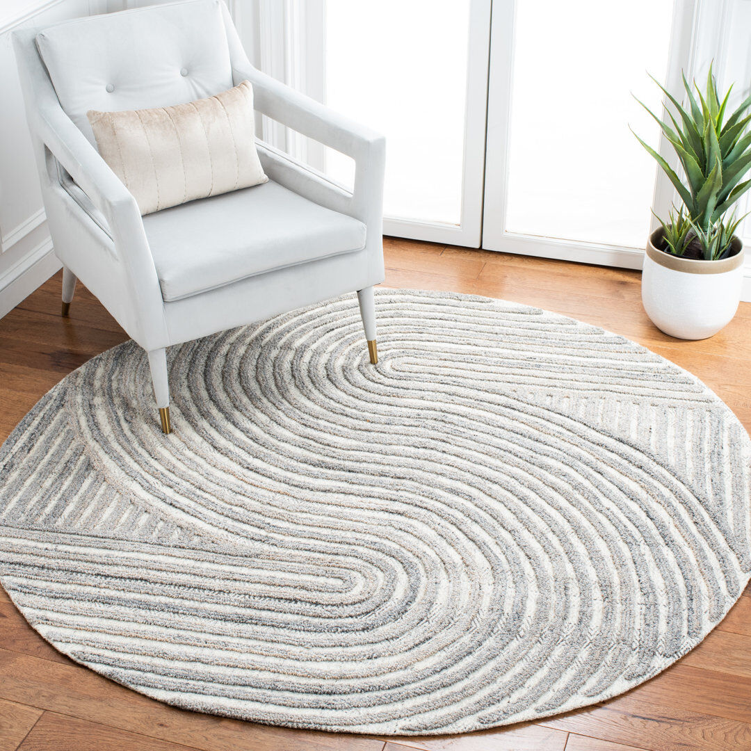 Isabelline Rosalind Abstract Wool Hand Tufted Area Rug Gray Round 183cm