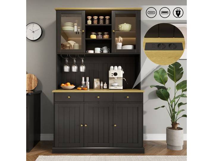 Buffet de Salle à Manger avec Multiprise Meubles de Rangement 5 Portes et 3 tiroirs Meuble Cuisine avec Plans de Travail Vaisselier