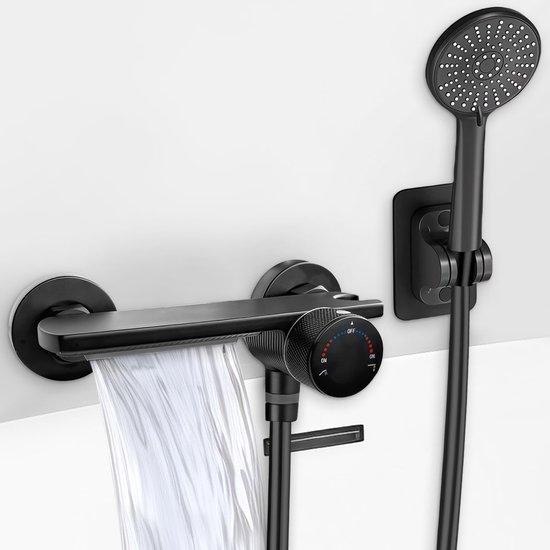 Unyqoos Zwarte badkraan met watervaluitloop, handdouche en wandhouder, messing, montageafstand 13,5–17 cm