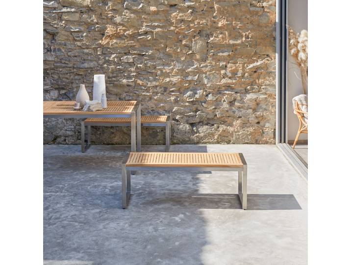 Gartenbank Bank Teak Edelstahl Lattenoptik Massivholz Tikamoon - Natur