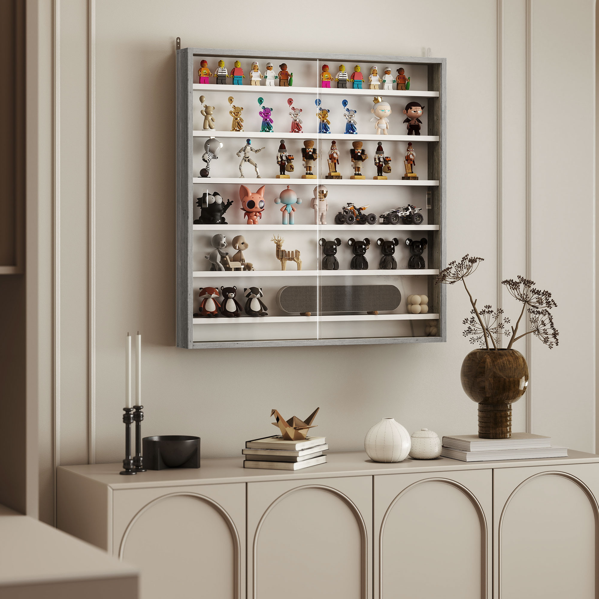 Homcom Bacheca Portaoggetti a 5 Ripiani Regolabili in Legno con Ante in Vetro, 80x9.5x83 cm, Bianco e Grigio   Aosom Italy