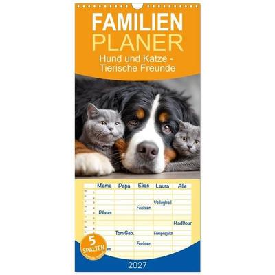 Familienplaner 2027 - Hund und Katze - Tierische Freunde mit 5 Spalten (Wandkalender, 21 x 45 cm) CALVENDO