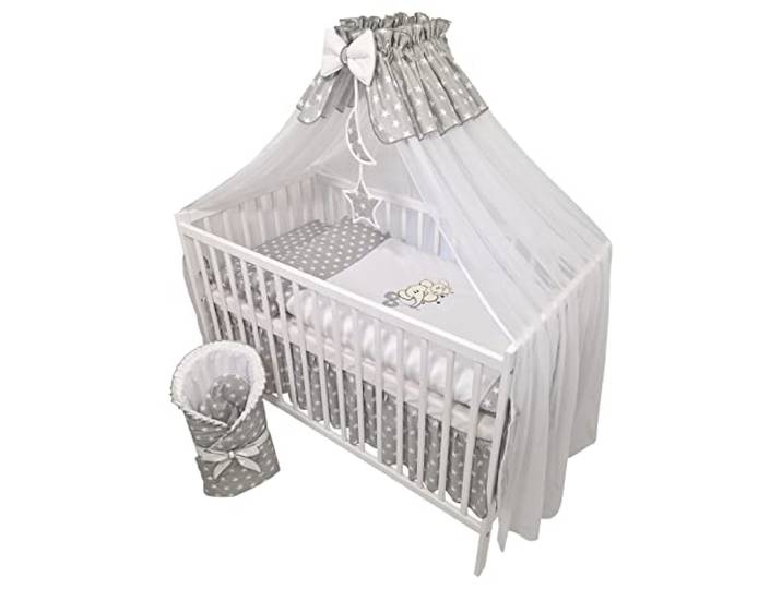 Bello24 - 11 Teiliges Kinderbettwäsche Babybettwäsche Komplettset ohne Bett Bestickt mit Elefanten Grau (90x120 cm)