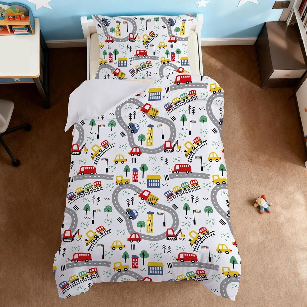 Dekbedovertrek voor kinderen met uniek voertuig design, multicolor, 140 x 200 cm