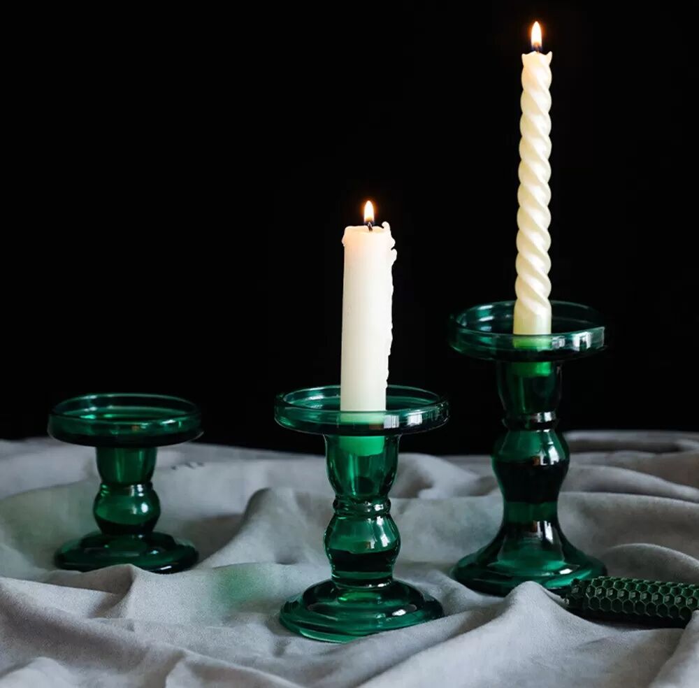 INF Ensemble de 3 bougeoirs en verre - Bougeoirs décoratifs rétro vintage pour la décoration intérieure Vert