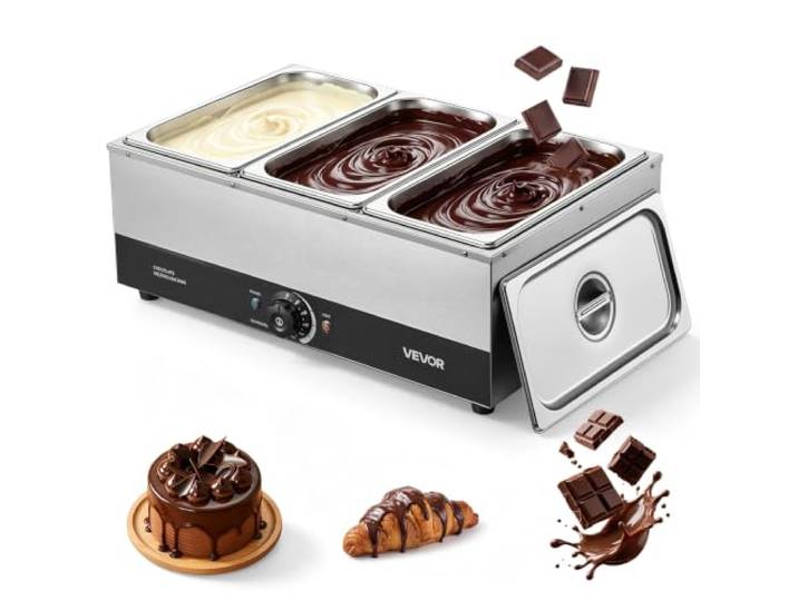 VEVOR Fondoir à Chocolat au Bain Marie\, 3 Cuves\, 1200 W\, Capacité 12\,2 kg Pour Beurre Fromage Lait Sauces Chocolaterie\, Usage Professionnel\, Chauffe Chocolat avec Température 30-85 °C\, Corps en Inox