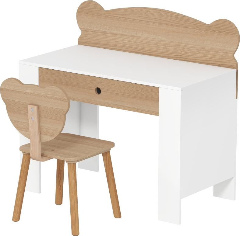 Moonbite kinderschrijftafelset met berenstoel in houtlook, bureau voor huiswerk met lade en scheidingswand