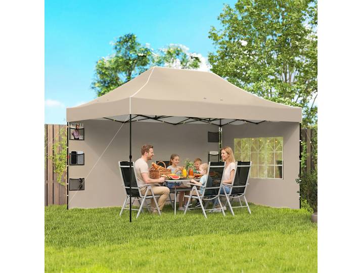 Outsunny Gazebo 3x4,3m UPF50+ Toit Parois Sac Roulettes Brun