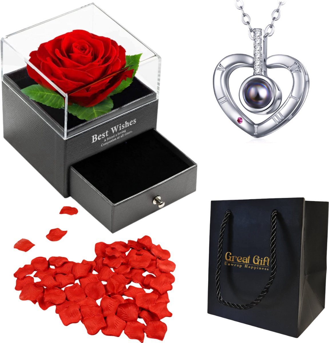 GreatGift Luxe Giftbox met Rode Roos en Zilverkleurige Hartjes Ketting