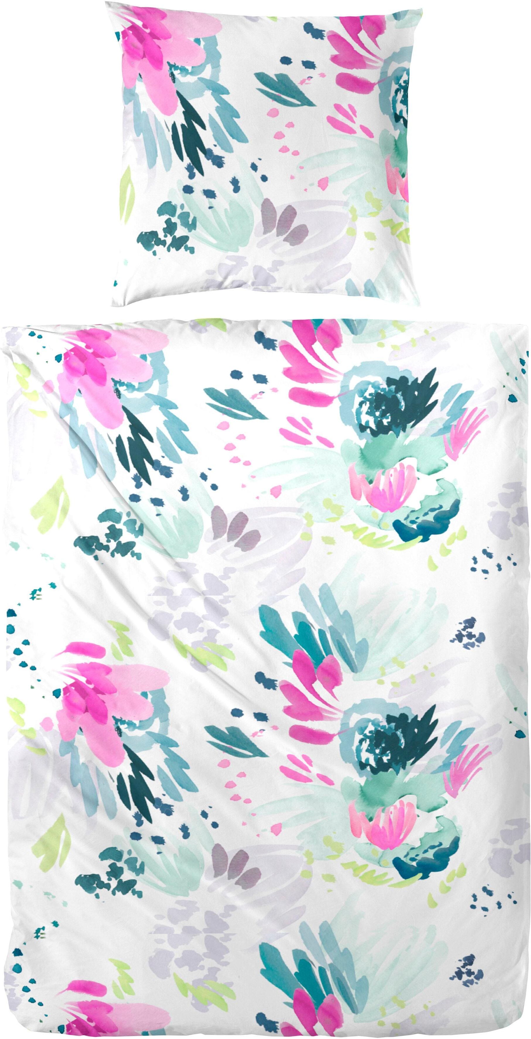 Bettwäsche PRIMERA "Folklore", bunt (weiß, grün, pink), B/L: 135cm x 200cm, 1 Stk., 1 Stk., Perkal, B/L: 80cm x 80cm, 2 Stk., Perkal, Obermaterial: 100% Baumwolle, Bettwäsche, Bettwäsche, in Aquarelloptik weiß, grün, pink B/L: 135cm x 200cm, 1 Stk., 1 Stk