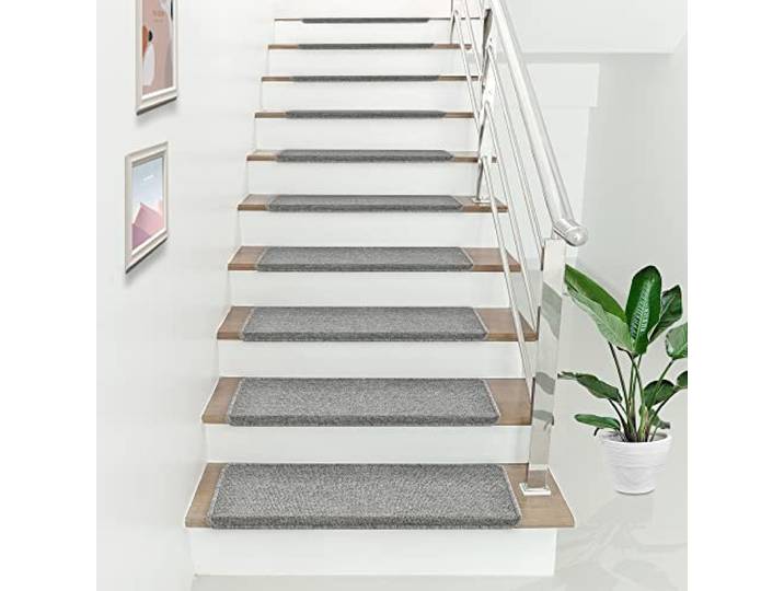 [en.casa] Stufenmatten 15-er Set Treppenmatten 65 x 24 cm rechteckig Treppenteppich Treppenschoner Stufenteppich selbstklebend Hellgrau